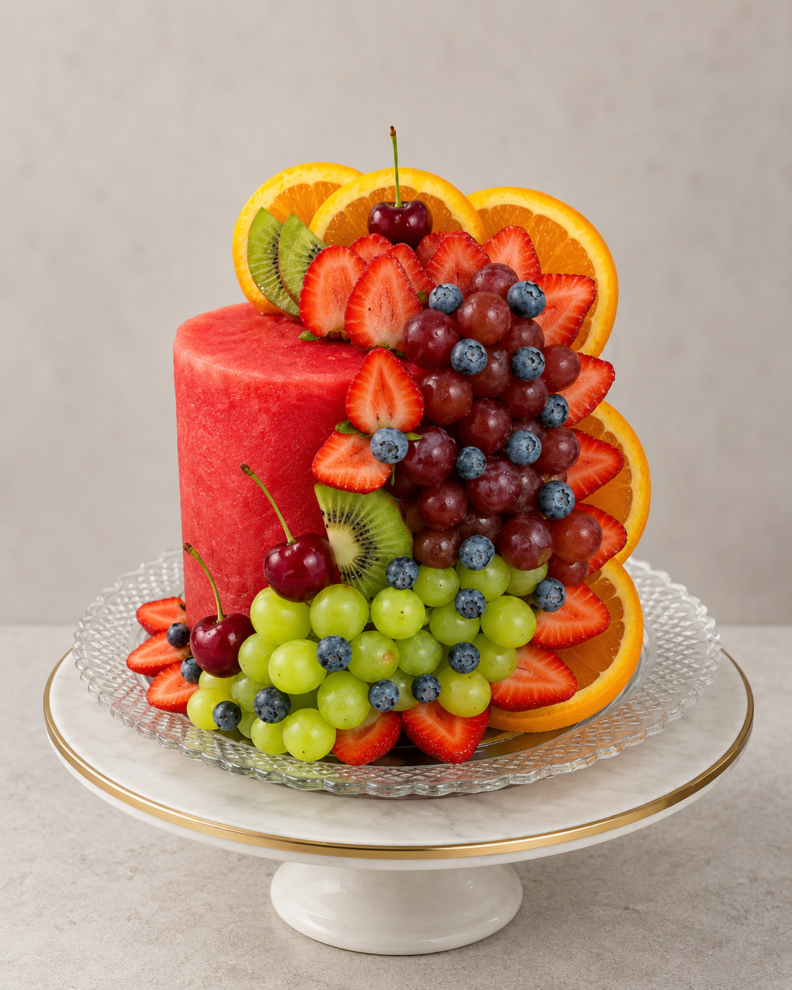 Tall tier with a cascade of grapes and orange slices