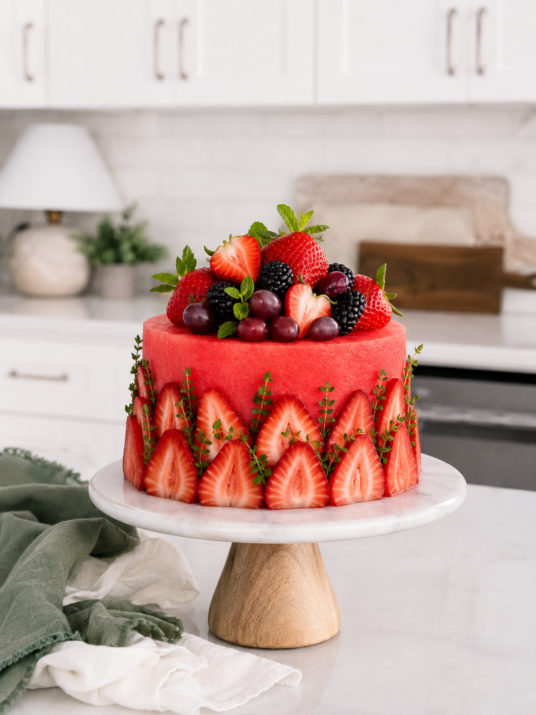 Watermelon fruit cake on a party table surrounded by guests