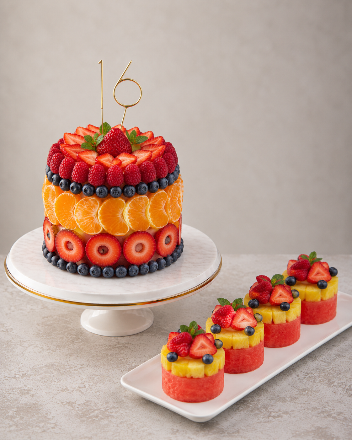 Sweet sixteen tier with matching fruit bites