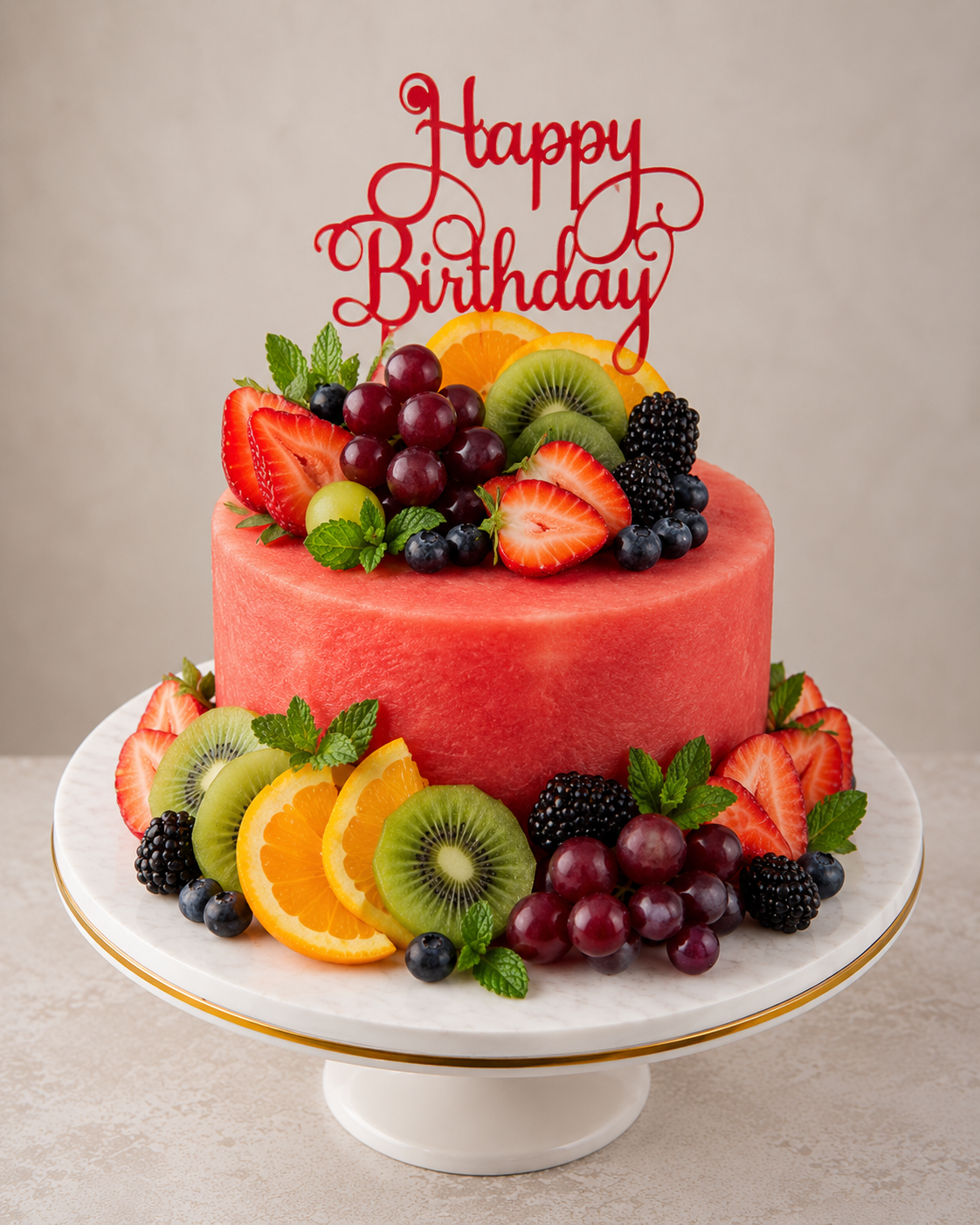 Birthday tier crowned with citrus, kiwi and grapes
