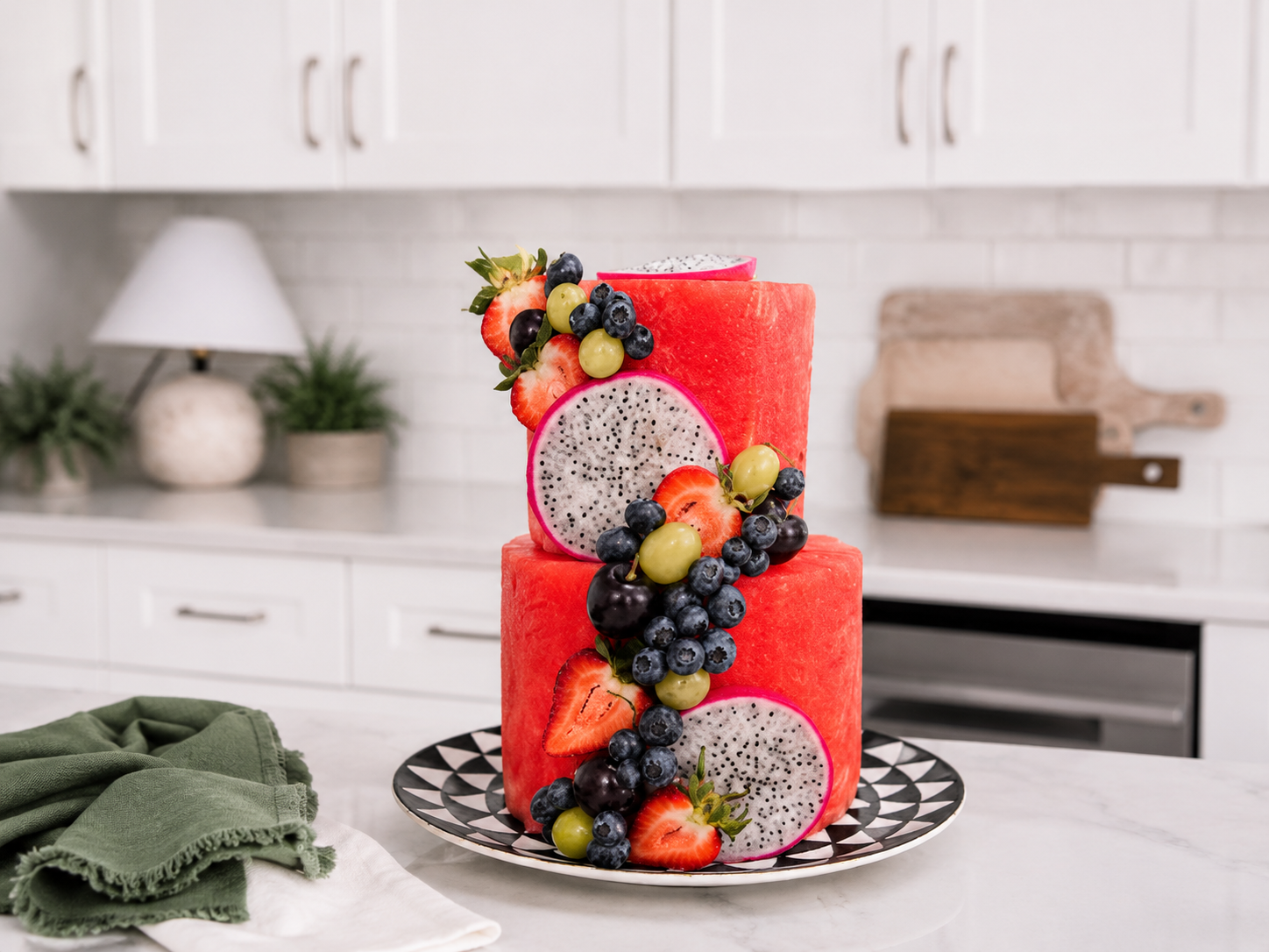 Three tier watermelon celebration cake with cascading fresh fruit
