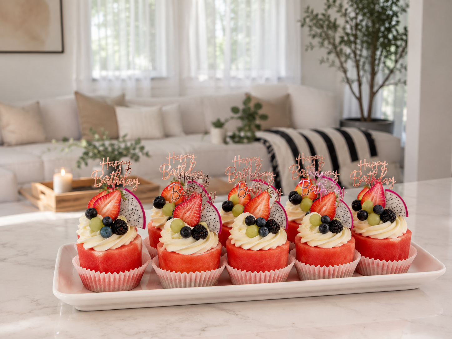 Watermelon cupcakes with cream and dragon fruit