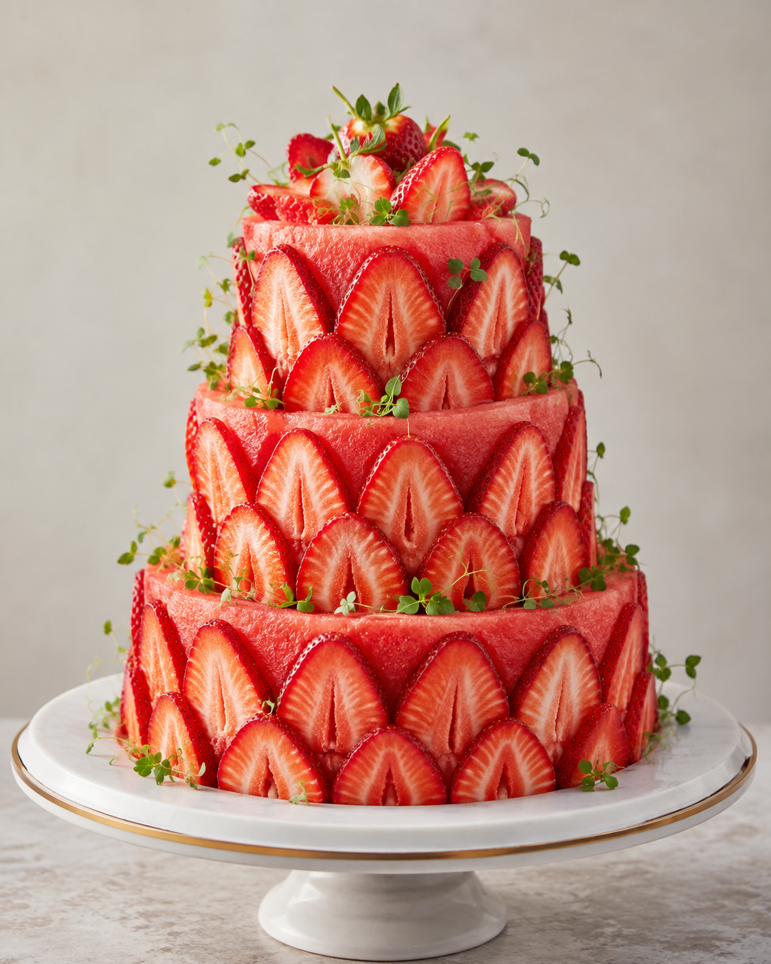 Close up of fresh strawberries and kiwi on a carved watermelon tier