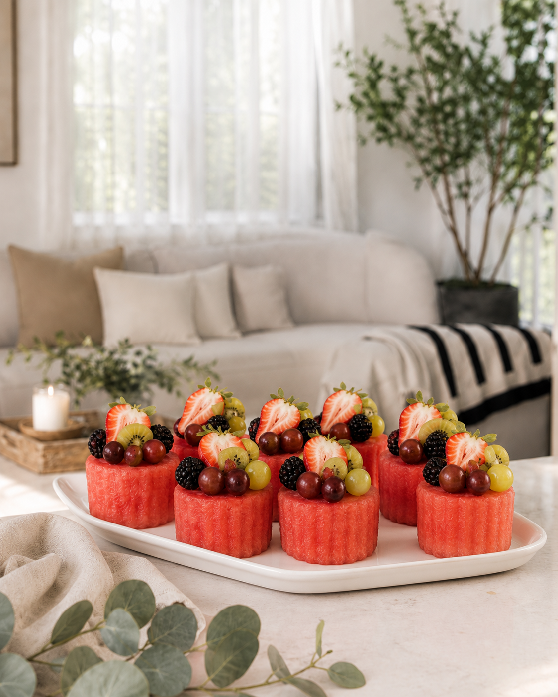 Eight matching watermelon fruit cupcakes on a silver tray